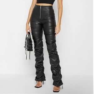 TACKED VEGAN LEATHER FLARED TROUSERS - BLACK